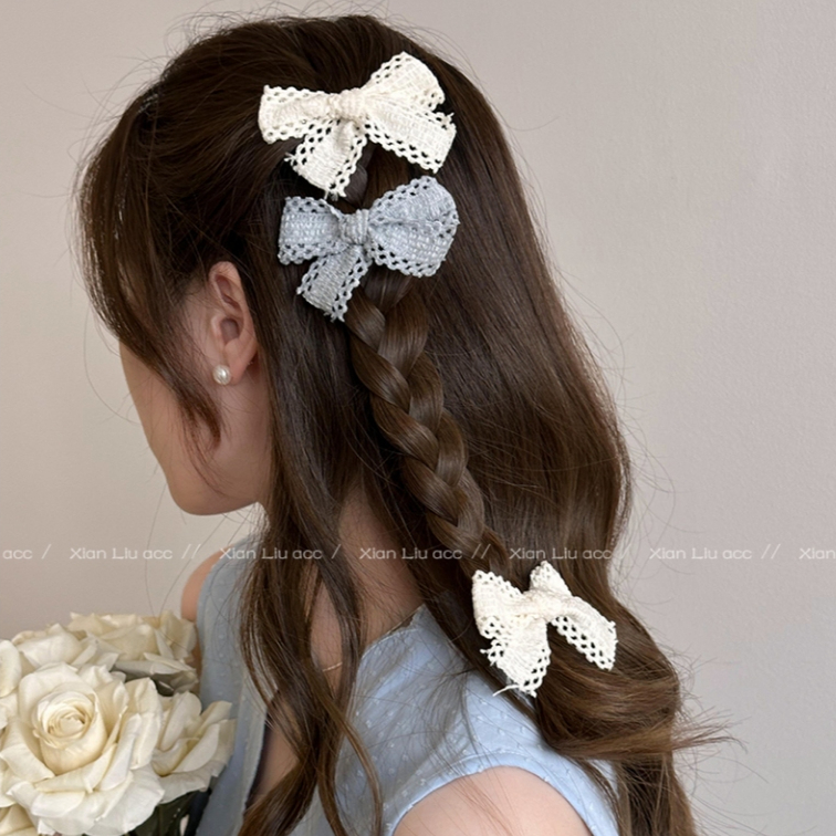 2ชิ้น! โบว์ลูกไม้พรีเมี่ยม สีฟ้า-ขาว สไตล์เกาหลี2025 #ของใช้ผู้หญิงต้องมี #ส่งเร็ว