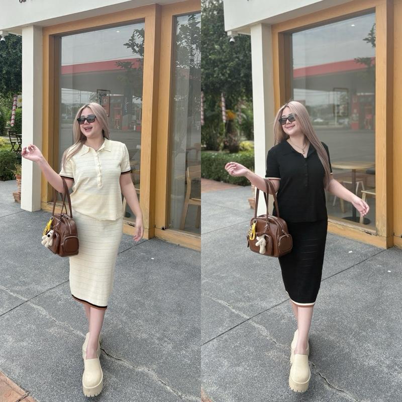 (S854)ชุดเซ็ตไหมพรมถักเสื้อคอปก+กระโปรงยาว