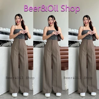 B001 Beer&Oil กางเกงขายาวเอวสูงงานดุมปั๊ม2เม็ดลิลลี่ ผ้าลิลลี่งานซิปหน้า มีกระเป๋า
