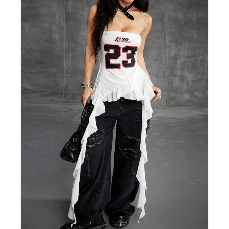 (PRE) Coolane - Tween Y2K เสื้อเกาะอก แต่งระบายชายเสื้อพริ้วยาว