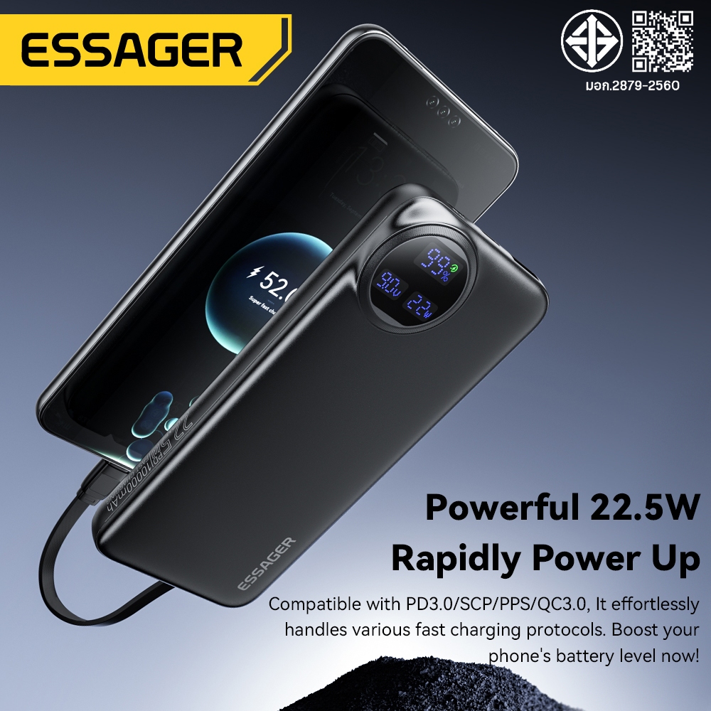 Essager พาวเวอร์แบงค์ 22.5W 10,000 mAh/20,000 mAh อะแดปเตอร์ USB Type C ชาร์จเร็วสำหรับเครื่องชาร์จโทรศัพท์มือถือแบบเร็ว รูปที่ 2