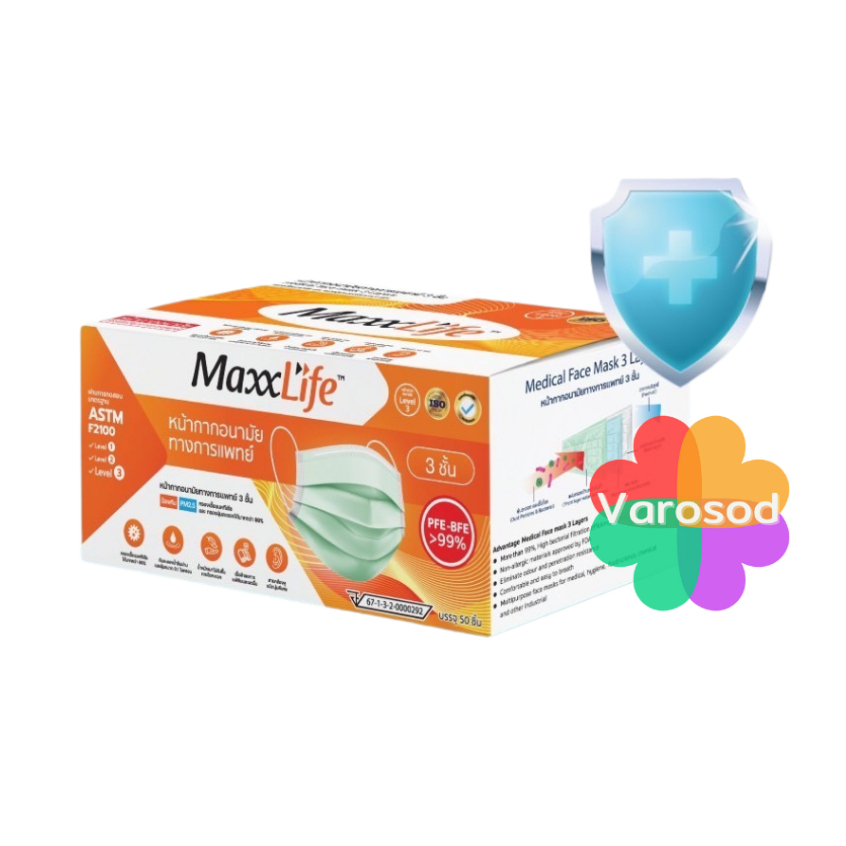 Maxxlife Mask หน้ากาก อนามัย ทางการแพทย์ 3 ชั้น จำนวน 1 กล่อง สีขาว และ สีเขียว