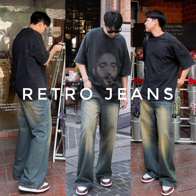021 Retro jeans (790.-) “พร้อมส่ง” กางเกงยีนส์ผู้ชายขากระบอกใหญ่ สีสนิมเฟดเหลืองปนน้ำเงินเข้ม ผ้ายีนส์นิ่ม ใส่สบาย