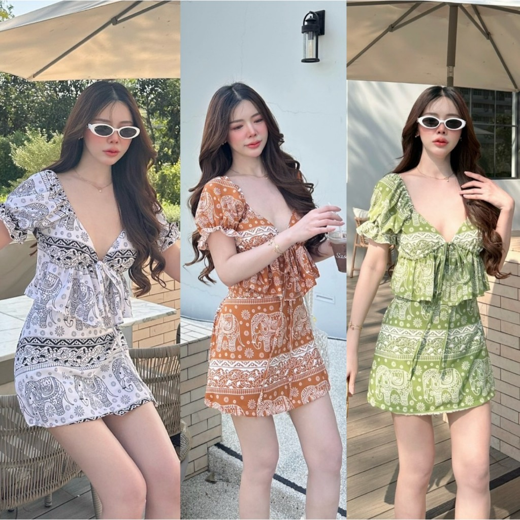 ชุดเซ็ท 2 ชิ้น กระโปรงสั้น ชุดเซ็ทลายช้างเสื้อครอปแต่งจั๊มอก ระบายเสื้อ กระโปรงสั้นผ้าลายช้าง สาวอวบใส่ได้ Sheeny (S008)