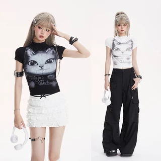 Rita พร้อมส่ง🍒เสื้อยืดรัดรูปผู้หญิง🐱Y2Kเสื้อครอปท็อป แขนยาว แขนสั้น Croptop พิมพ์น้องแมว ผ้ายืดใส่สาย สวาอ้วนใส่ได้