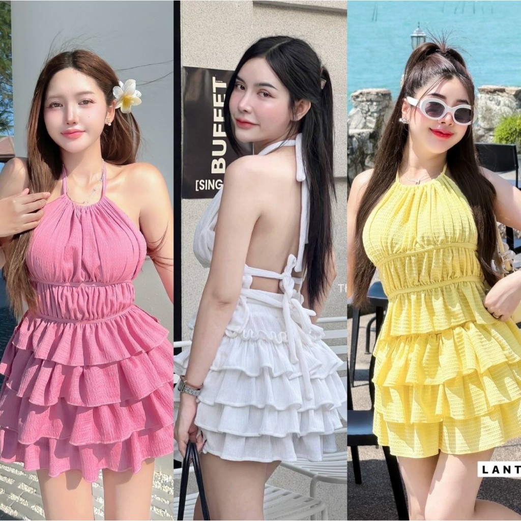 ชุดเซ็ท 2 ชิ้น กระโปรงสั้น ชุดเซ็ทคล้องคอขนมชั้น กระโปรงชั้นๆ งานเวียดนาม เสื้อคล้องคอ 3 สี สาวอวบ S