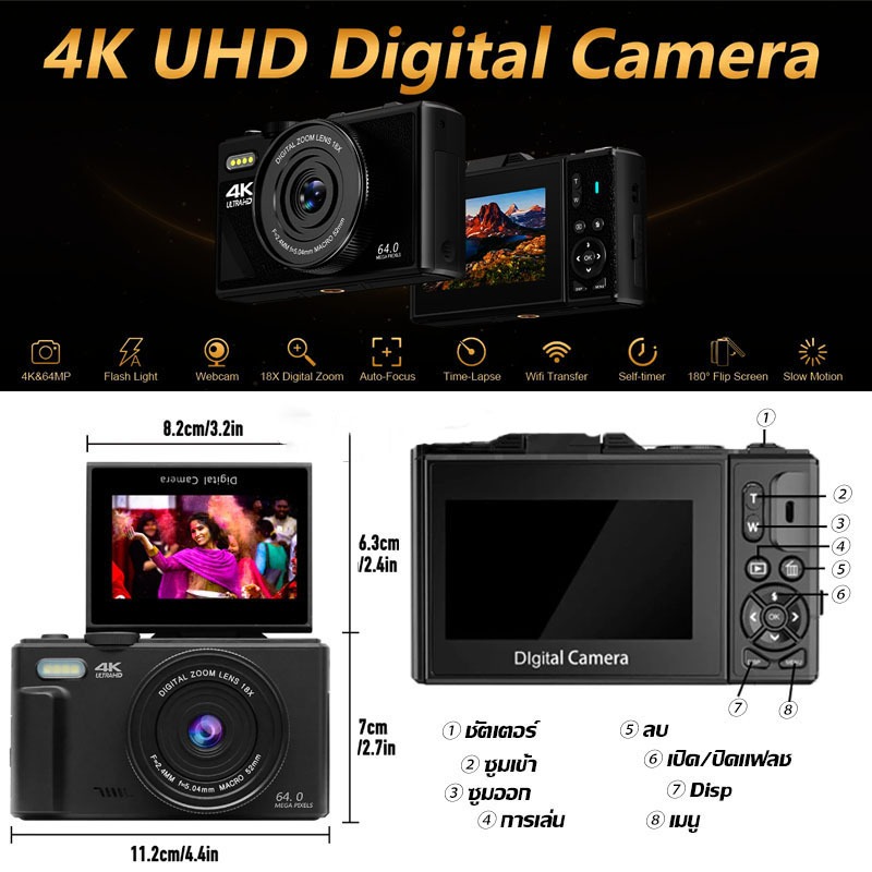 KP-2 กล้องดิจิตอล HD 64MP 5K/4K 18Xถ่ายรูปวีดีโอWiFi Digital Camera พลิกหน้าจอได้180°สำหรับเซลฟี่【การ์ดหน่วยความจำ 64GB】