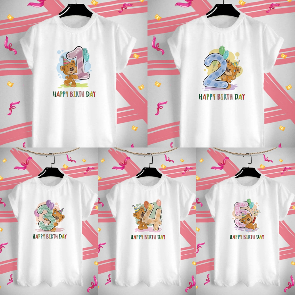 เสื้อยืดวันเกิดตัวเลข 1-5 ลายน้องหมี Happy Birthday Bear สีสดใส ผ้าTK เนื้อนุ่ม ใส่สบาย คอกลม