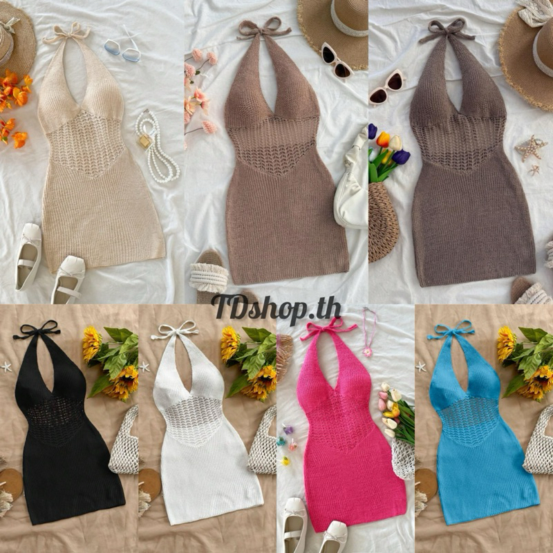 ✅PRE-ORDER 7-10 วัน✅  ชีอิน WYWH ชุดเดรสสั้น ผ้าถัก ผูกคอ เข้ารูป ✨ งานป้ายชีอิน 🔖