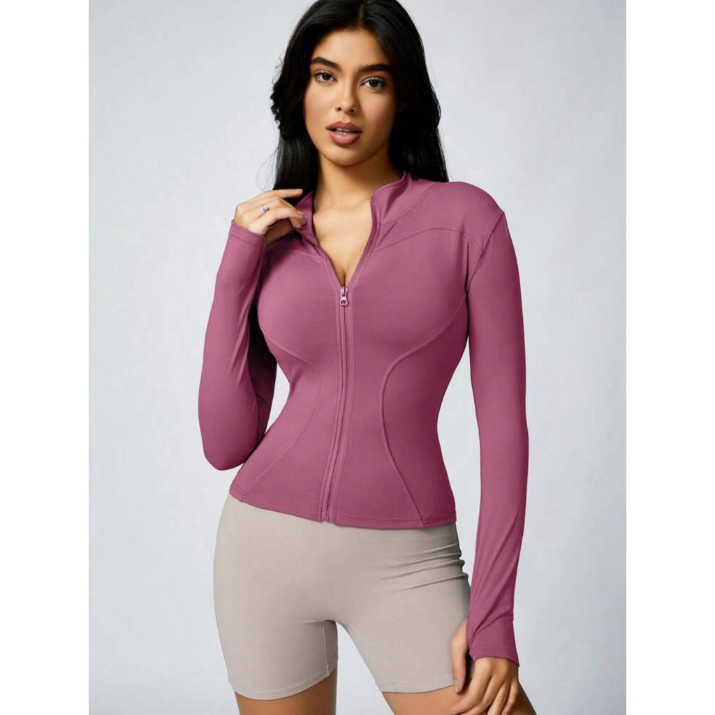 🔥【เตรียมส่ง】🔥(Yoga)ผู้หญิงสีทึบรูนิ้วหัวแม่มือแขนยาวกีฬาซิปแน่นกระชับสลิมมิ่งแจ็คเก็ตโยคะกีฬาแจ็คเก็ต - รูปที่ 5