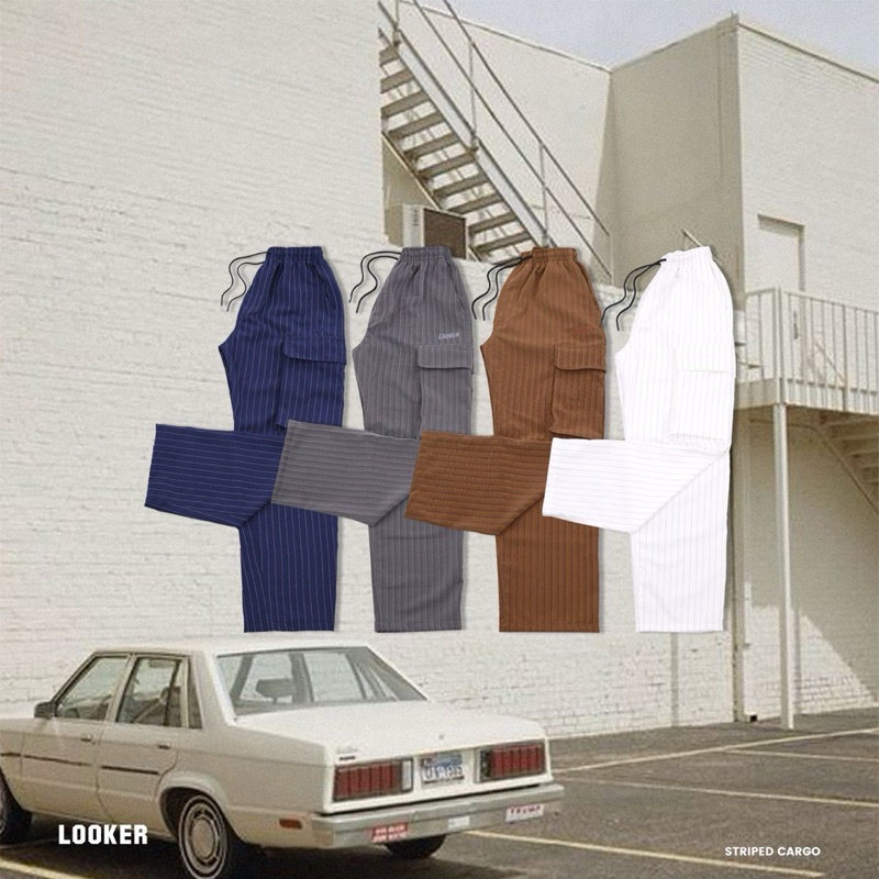 LOOKER Striped Cargo กางเกงขายาวคาร์โก้ลายทาง สีขาว สีน้ำตาล สีเทา สีกรมท่า