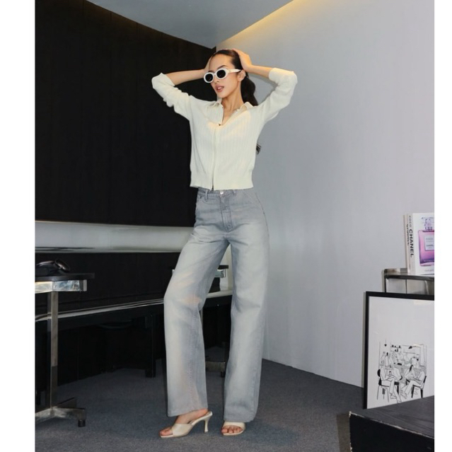 MOTTOM - WOVEN High Rise Straight Leg Jeans in Grey with Purple Thread