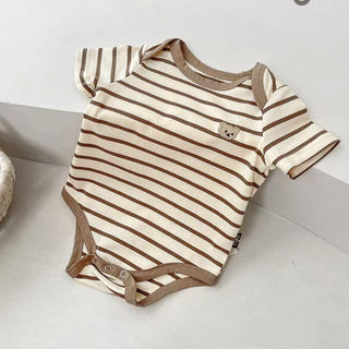 Babyonline(Y485)I5 (ส่งด่วน1วัน)ชุดบอดี้สูทแขนสั้นขาเว้าลายทางปักน้องหมีสุดน่ารัก ผ้าฝ้าย นิ่ม มีกระดุมเป้า
