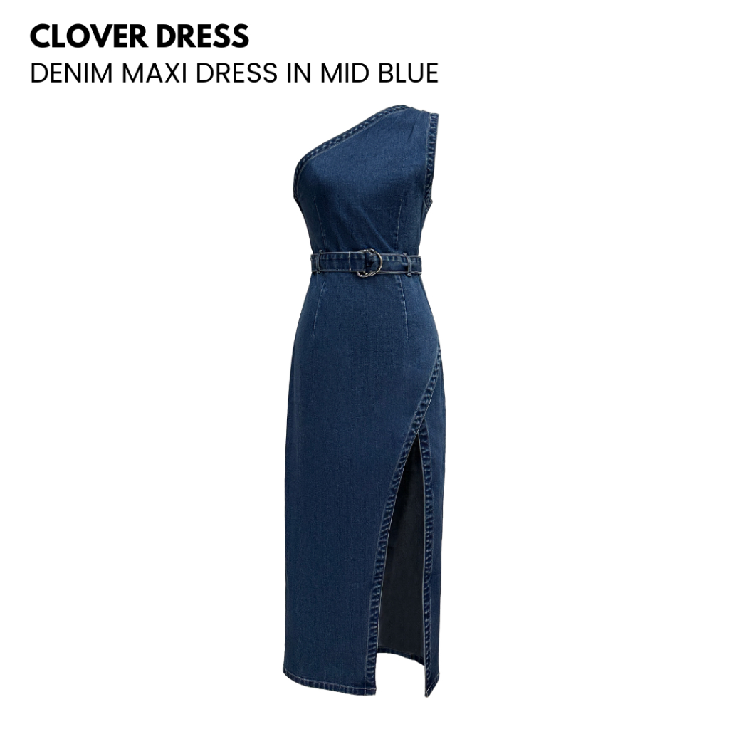 MOTTOM - CLOVER Denim One Shoulder Maxi Dress in Mid Blue