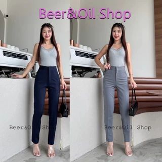 B0013 Beer&Oil กางเกงขายาวเอวสูงตะขอหน้า10ส่วน ผ้าโรเชฟ ซิปหน้ามีกระเป๋า2ข้างใช้งานได้จริง