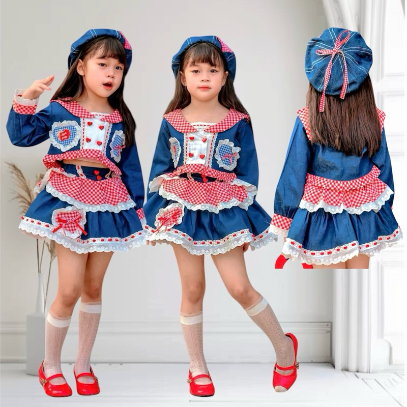 พร้อมส่งในไทย เซท 2 ชิ้น เสื้อ กระโปรง ชุดลูกสาวติดแกลมสวยๆ แต่งฉลุ