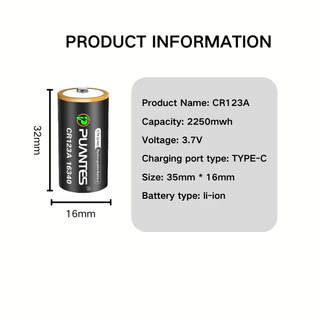 PUANTES CR123A CR123A เครื่องชาร์จไฟแบบเร็ว USB 16340 16350 3.7 โวลต์แบตเตอรี่ลิเธียม 2550mWh
