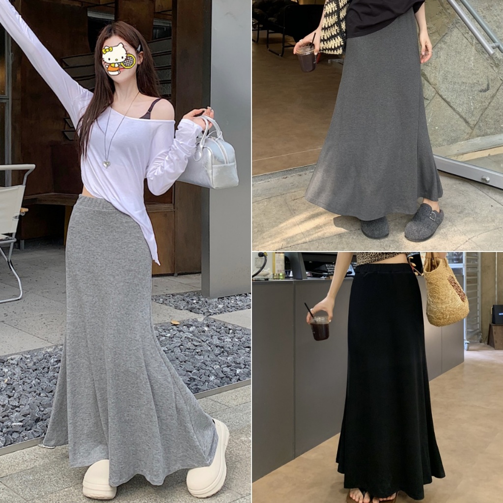กระโปรงทรงสะโพก สีพื้น เอวสูง สไตล์ลำลอง ผ้าคลุมแฟชั่น กระโปรงยาวผู้หญิง ระบายหลวมๆ