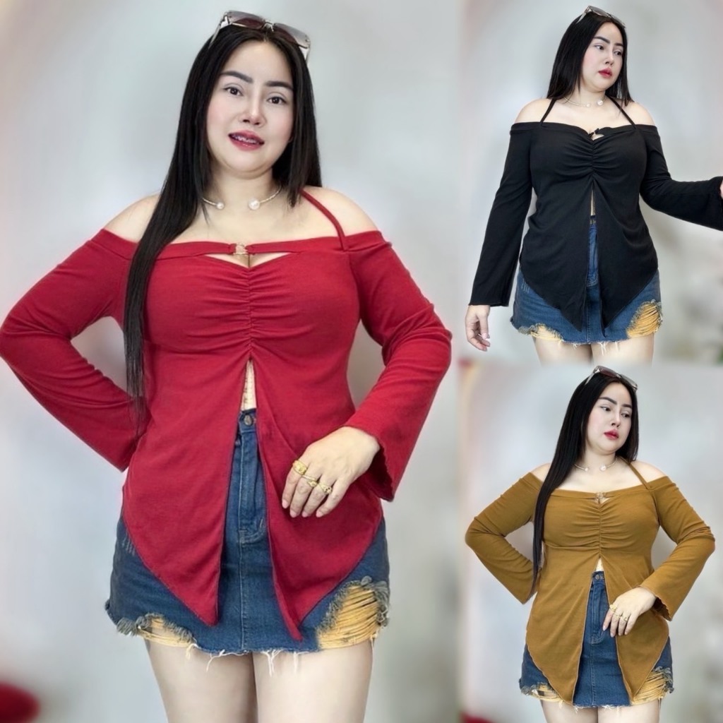 พร้อมส่งทันที*เสื้อสาวอวบ*อก40-48 ยาว 27 แต่อะไหล่หัวใจ ว๊าวมาก รุ่น คิมเบอรี่หัวใจผ่าหน้าแขนยาว