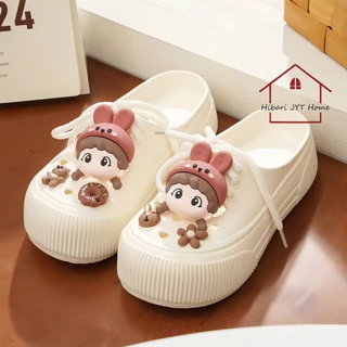 รองเท้าแฟชั่น แบบสวม รองเท้าหัวโต แถมจิบิลายการ์ตูน ส้นหนา 4.5 cm. พื้นนิ่ม ใส่สบาย