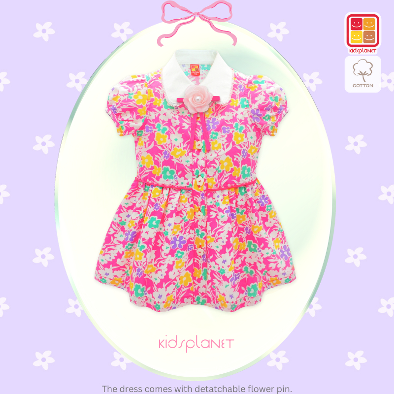 ชุดเดรสเด็กผู้หญิง ชุดกระโปรงเด็กผู้หญิง ผ้าฝ้าย100% อายุ 1-5 ปี พร้อมเข็มกลัดดอกไม้ของแท้จาก KidsplanetOfficial (3345D)
