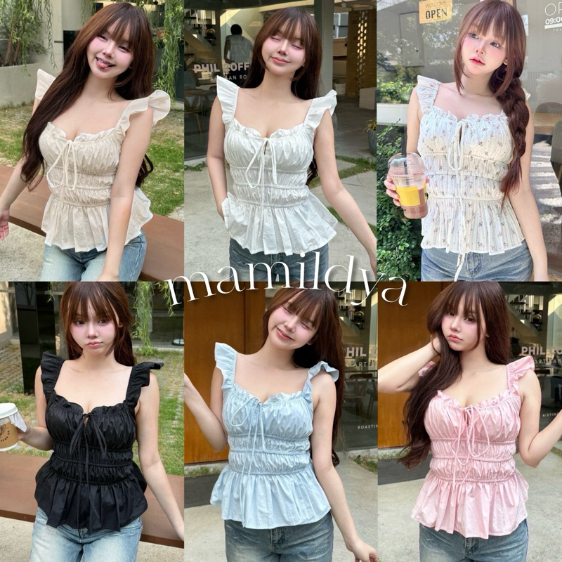 🌟Mamildya.shop🌟 เสื้อแขนกุดแขนระบาย ผ้าคอตตอล 100% แต่งโบว์/Q1-5 /NUSA-พอง22 ⚫