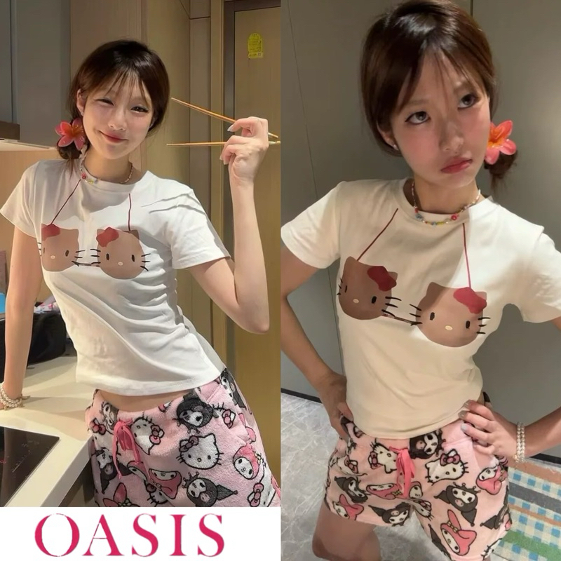 STR🐱พร้อมส่ง🐱เสื้อยืดสีขาวKitty CropTop เสื้อยืดแขนสั้นพิมพ์ลายแมวน่ารักผู้หญิง สวยเข้ารูป เกรดดี ทรงเป๊ะ ผ้านุ่มใส่สบาย
