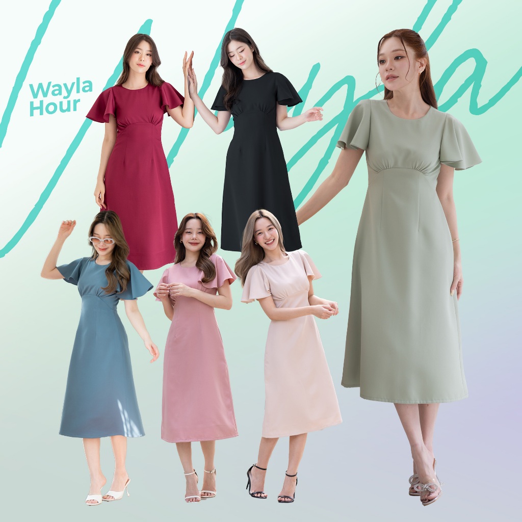 WAYLA Hour - เดรสแขนพลิ้วทรงเอ (Bright/Blue/Ruby/Blush/Dark/Sage Green)