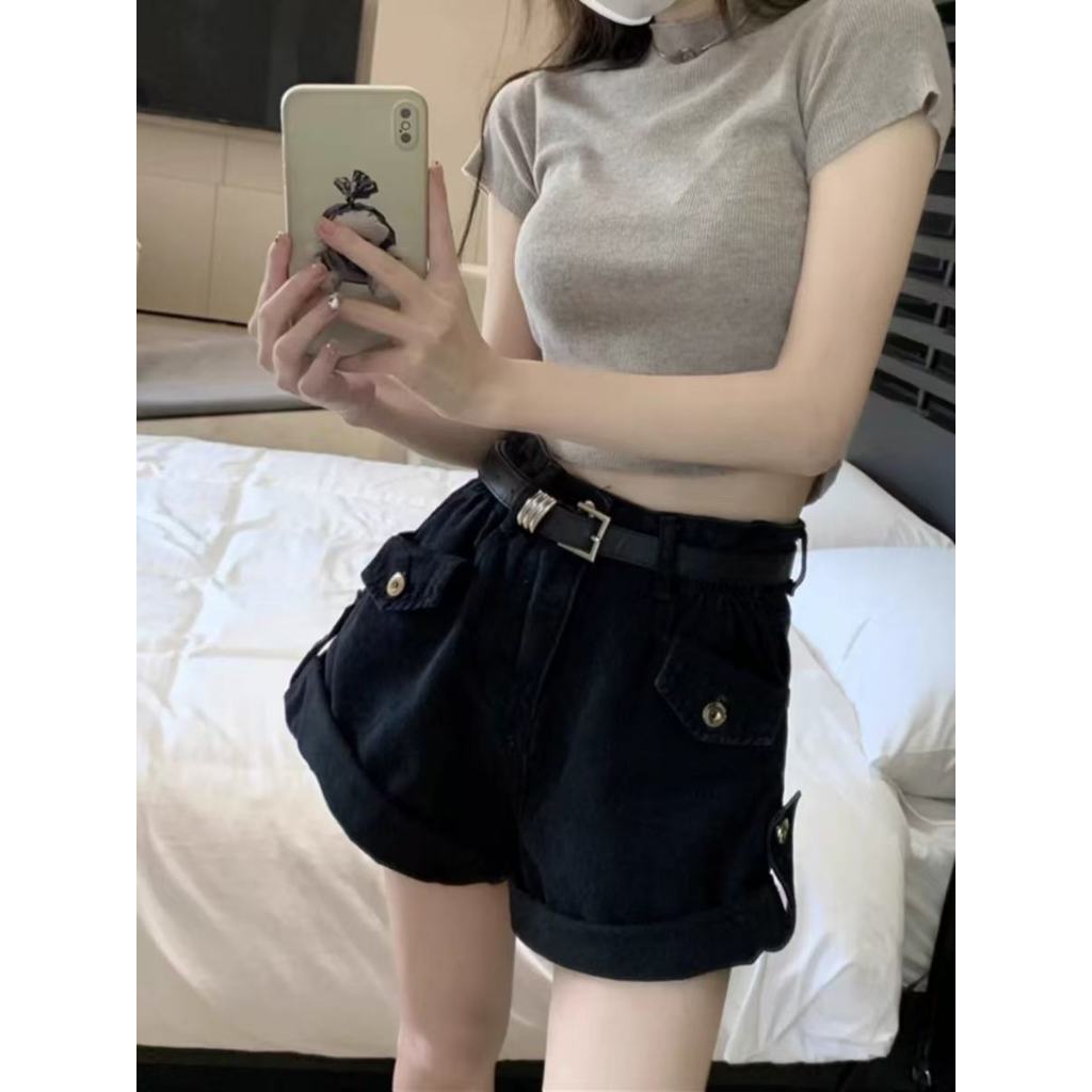 เวอร์ชั่นเกาหลี ย้อนยุค สาวฮอต กางเกงทำงาน กางเกงยีนส์ขาสั้น เอวสูง ขากว้าง