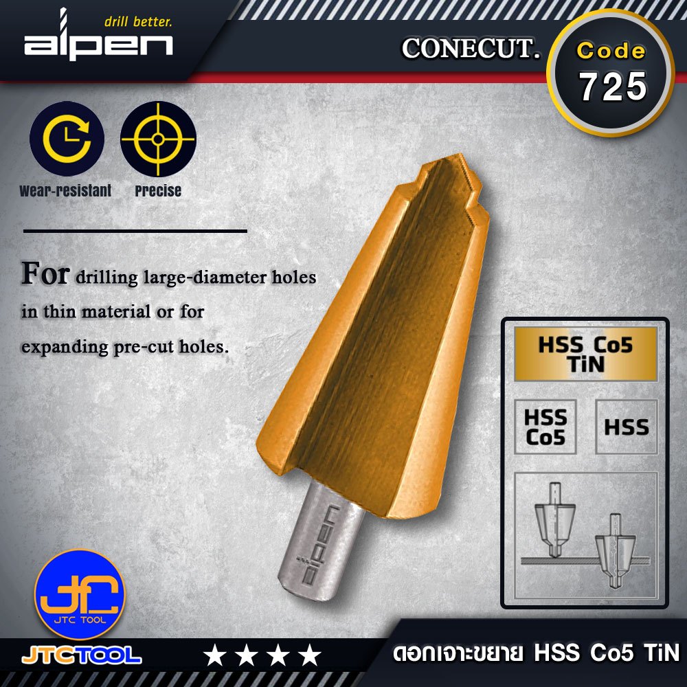 ALPEN ดอกสว่าน เจาะขยาย ไฮสปีด HSS Co5 Tin Code 725 - Conecuts HSS Co5 Tin code 725