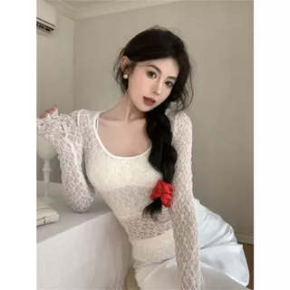 [W0280] เสื้อซีทรูลูกไม้แขนยาว คอยู สีพื้น ทรงเข้ารูป ใส่คลุม ผ้านิ่มยืดใส่สบาย ได้ลุคเเซ่บๆเซ็กซี่