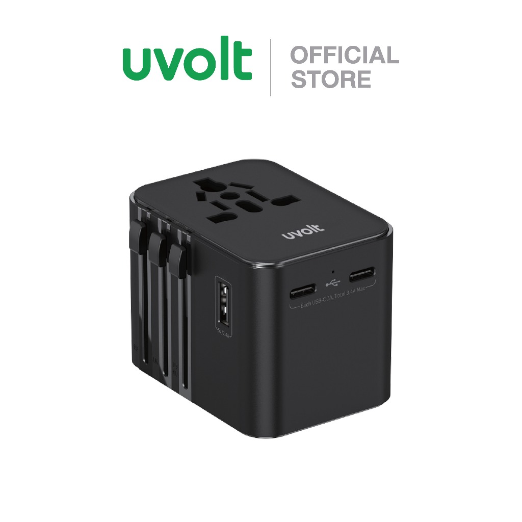 uvolt UVTA-06 Universal Travel Adapter หัวแปลงปลั๊กไฟ ชาร์จเร็ว 17W DUAL TYPE-C+USB รองรับ AU/UK/US/