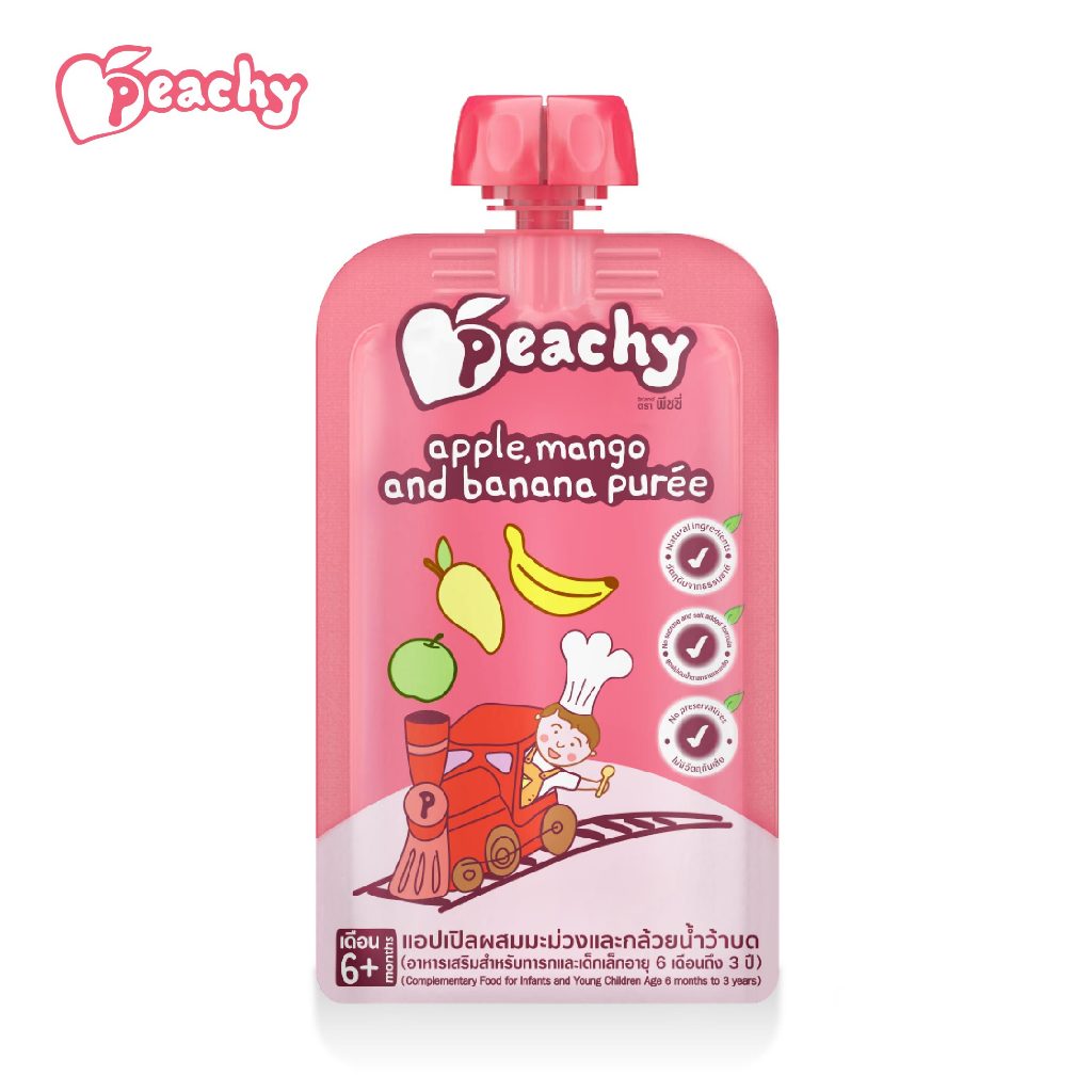 Peachy อาหารเสริมสำหรับเด็ก รสแอปเปิลผสมมะม่วงและกล้วยน้ำว้าบด 1 ถุง (R2)