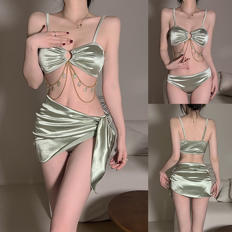 ชุดว่ายน้ําบิกินี่ ชุดว่ายน้ำเซ็กซี่ 3ชิ้น ประดับด้วยโซ่ แฟชั่นชุดว่ายน้ำชายหาด มีฟองน้ำ#LT - รูปที่ 5