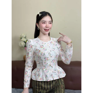 เสื้อลูกไม้เอวระบาย เนื้อคอตตอนแท้100% ใส่งานบุญ งานบวช ใส่ทำงาน ผู้หญิง