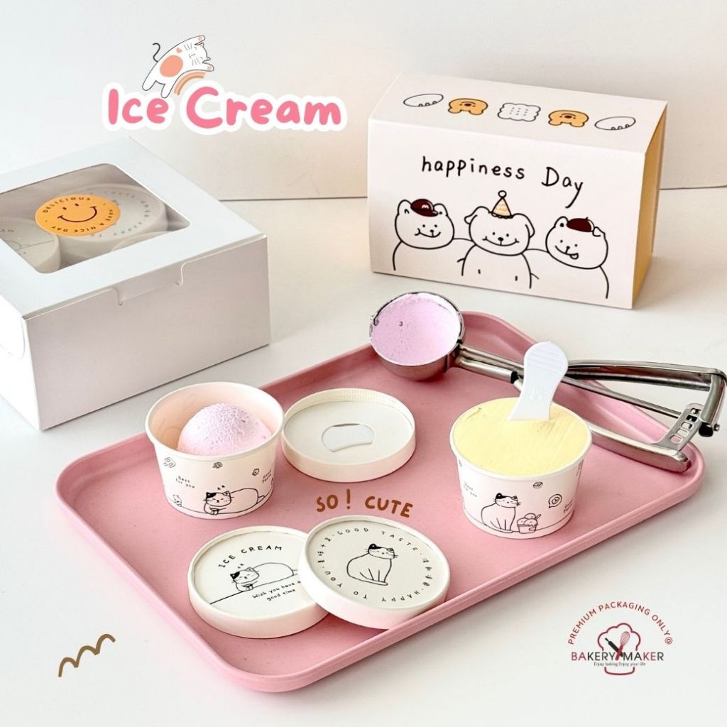 ถ้วยไอศครีมกระดาษลายน้องแมว+ช้อนใต้ฝา 10 ใบ ขนาด 120 มล./Ice Cream