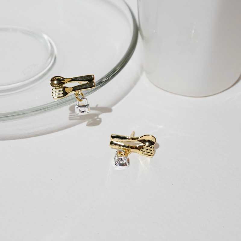 Earringsody: sody212 ต่างหูก้านเงินแท้ s925 ช้อมส้อมห้อมกุญแจเงินชุบทองคำขาว