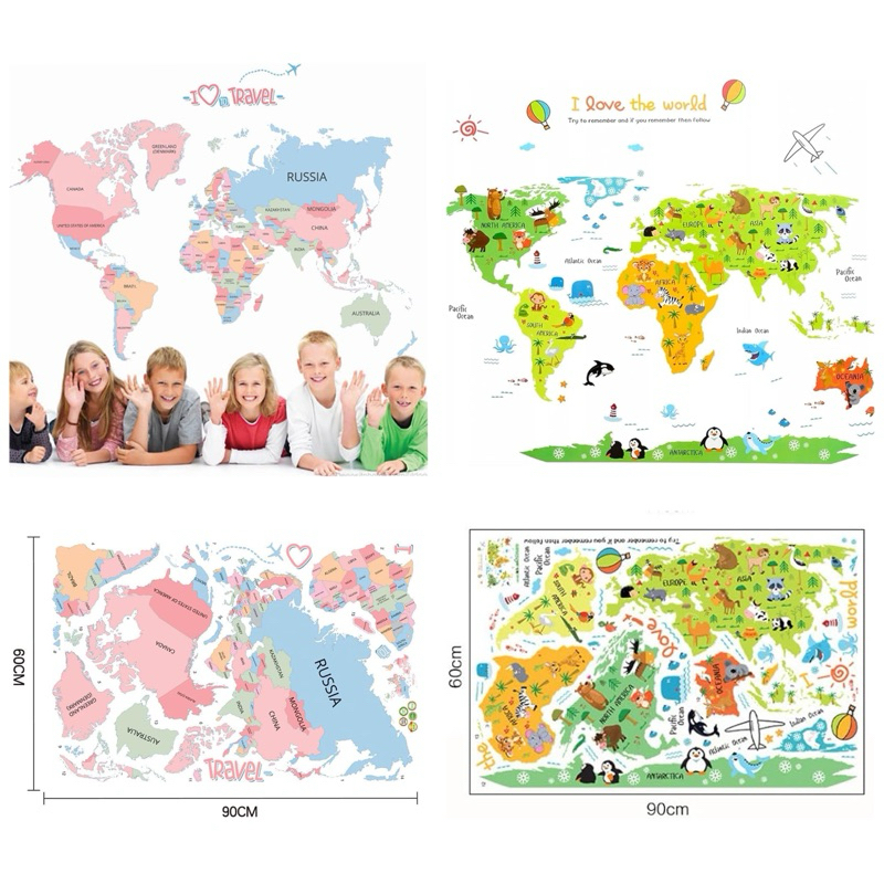สติ๊กเกอร์ แผนที่โลก World Map Wall Sticker สติกเกอร์ติดผนัง วอลเปเปอร์ สื่อการเรียนรู้ เด็ก สติกเกอร์