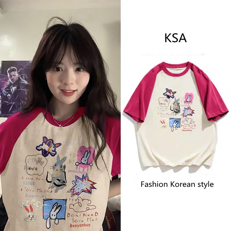 เสื้อยืดสวยๆผู้หญิงที่กําลังฮิต oversize เสื้อผ้าสไตล์ญี่ปุ่นน่ารัก แฟชั่นเกาหลี เสื้อโอเวอร์ไซส์ลายการ์ตูน สีทูโทนม้าก
