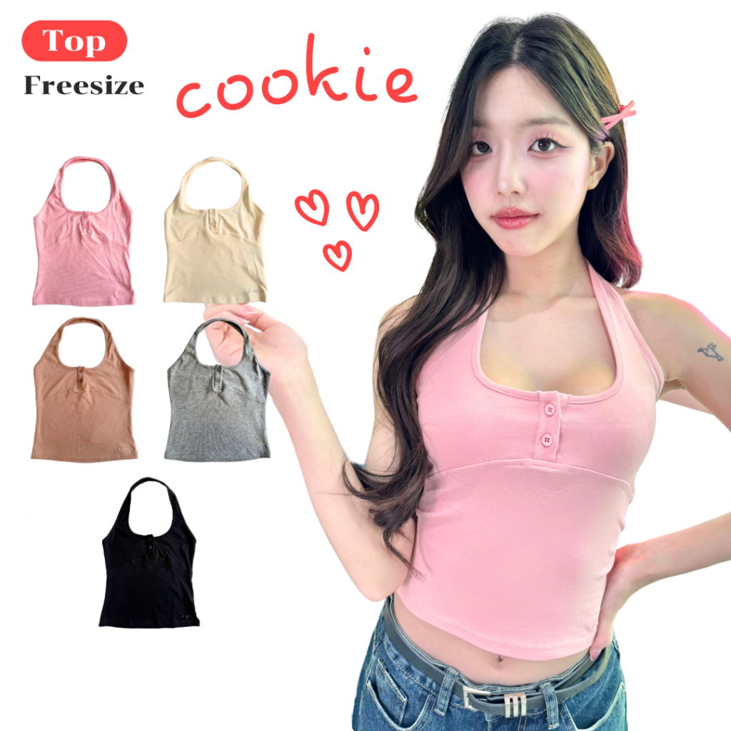 JARINYA เสื้อคล้องคอสีพื้น ปัก Jarinya ดีเทลแต่งกระดุมหน้า (T912)