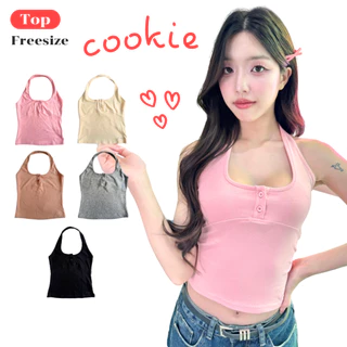 JARINYA เสื้อคล้องคอสีพื้น ปัก Jarinya ดีเทลแต่งกระดุมหน้า (T912)