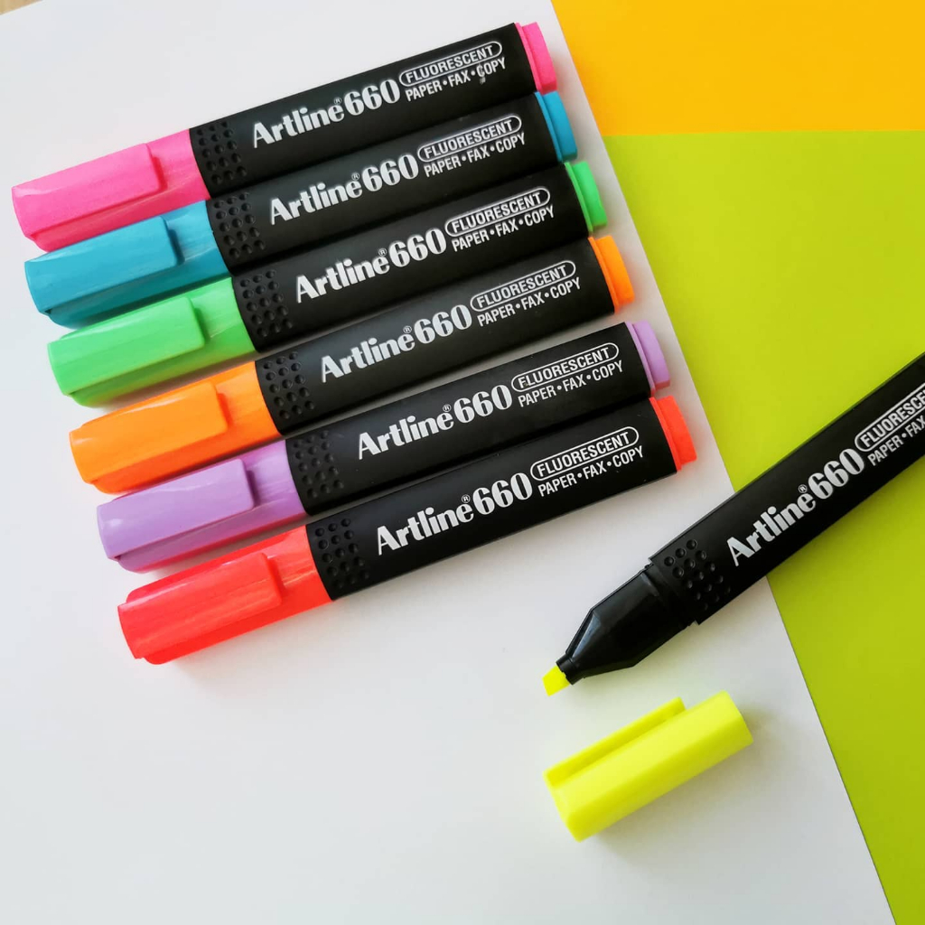 Artline ปากกาไฮไลท์ ชุด 4ด้าม , ชุด 7ด้าม (สีเหลือง, ส้ม, ชมพู,  เขียว, ฟ้า, แดง, ม่วง) เน้นข้อความ หัวแข็งแรง