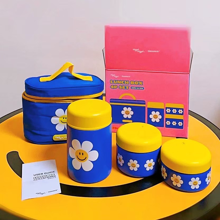 ส่งจากไทย🌈Lunch Box 4P Set ถ้วยมีฝาปิด + กระเป๋า เก็บความร้อน Wiggle Wiggle x Glasslock ของแท้ สแตนเลส 82004