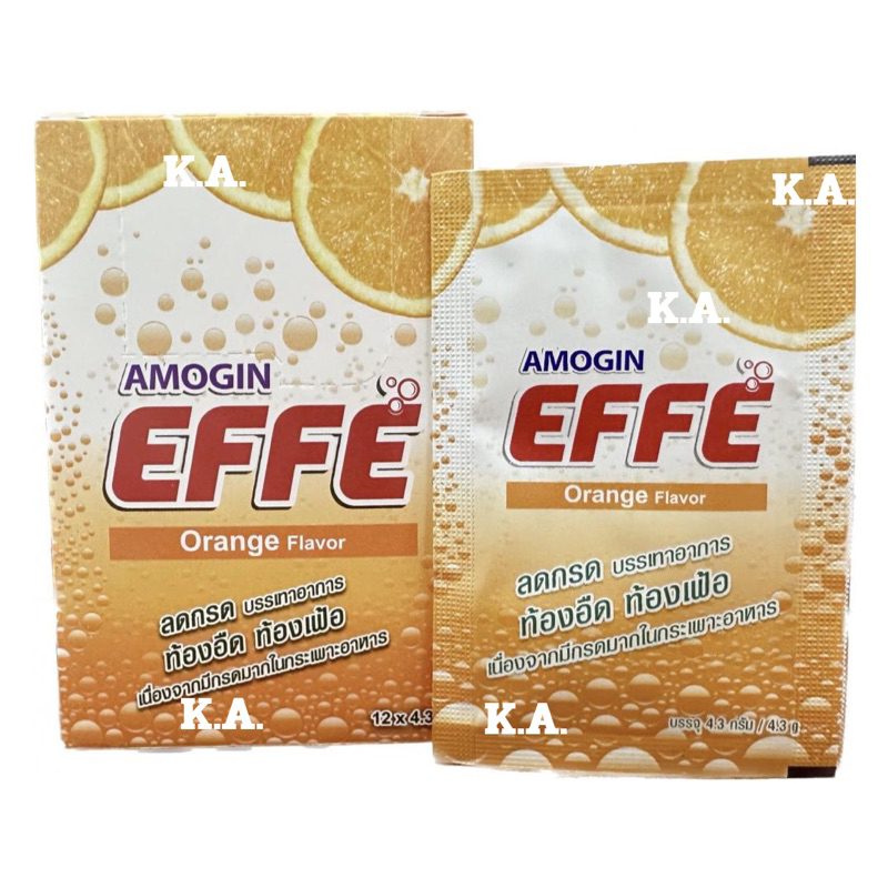 (ยกกล่อง)Amogin Effe Orange Flavour 12 sachets x 4.3 g. อาโมจิน เอฟเฟ รสส้ม 12 ซอง x 4.3 กรัม คลายกร
