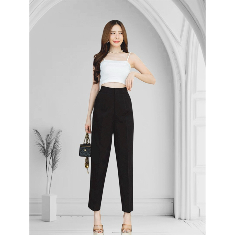 กางเกงทำงานทรงขากระบอกเล็กตะขอหน้าเอวสูง 9 ส่วน ผ้าไมโคร [ AC ] - 3