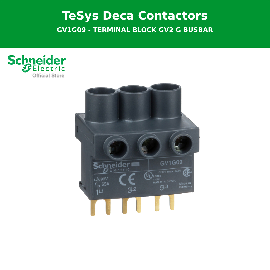 Schneider Electric Terminal block,TeSys Deca & TeSys U,3P,from the top,for supply (GV1G09)