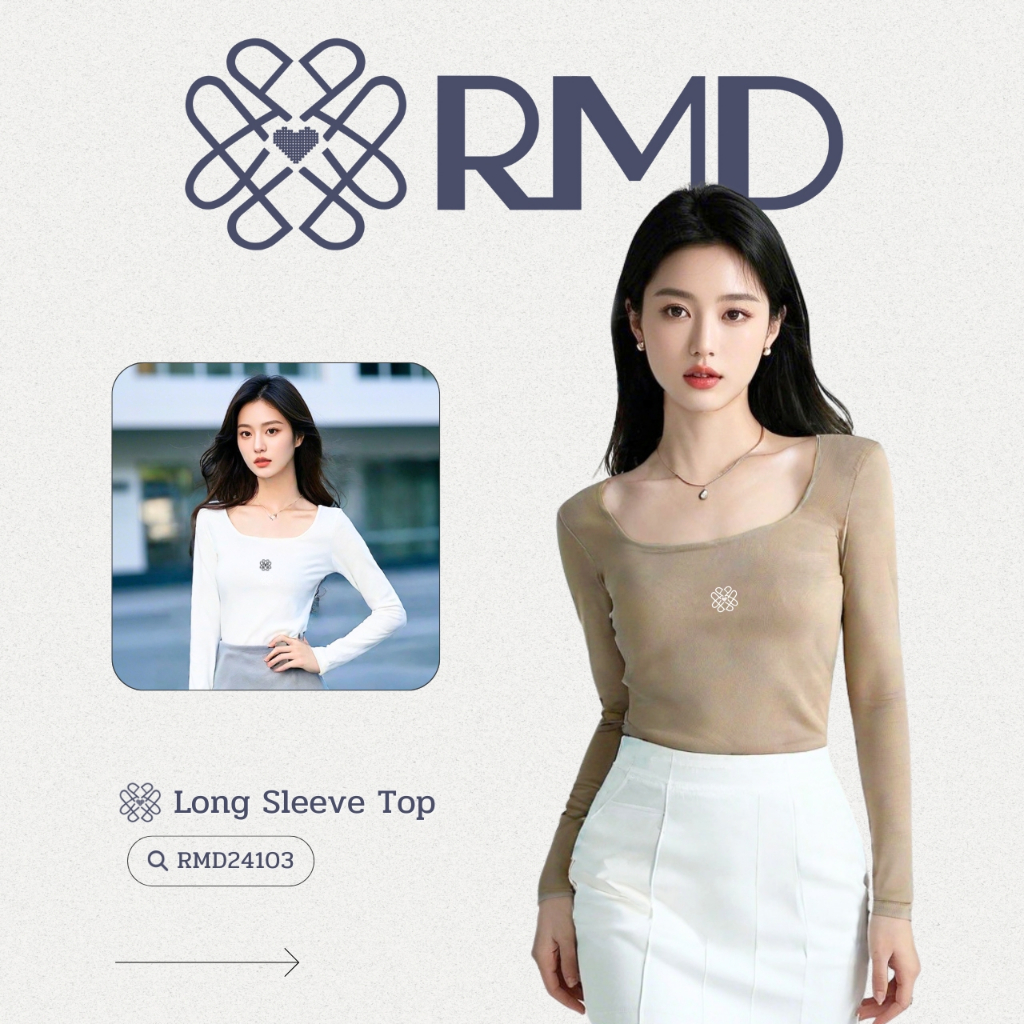 ℝ𝕄𝔻 𝕆𝕟𝕝𝕚𝕟𝕖 𝕊𝕥𝕠𝕣𝕖™ เสื้อแฟชั่นคอเหลี่ยม แขนยาว ชายโค้งมน 4 สี อกปักโลโก้ RMD