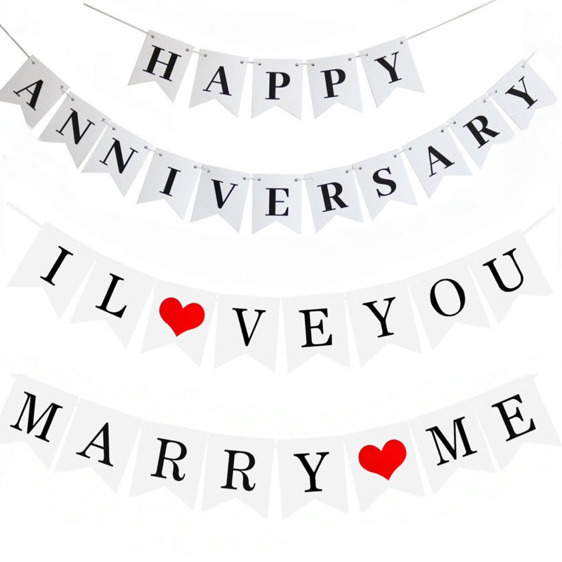 (ร้านไทย) ป้ายครบรอบ HAPPY ANNIVERSARY แต่งงาน ธง MARRY ME มินิมอล สำหรับตกแต่งงานปาร์ตี้ ลูกโป่ง
