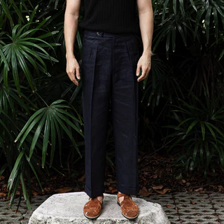 TOFFY & BROWN / REVERSE DOUBLE PLEATED LINEN TROUSERS กางเกงลินินทรงกระบอกตรงเอวสูง
