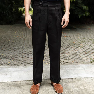 TOFFY & BROWN / REVERSE DOUBLE PLEATED LINEN TROUSERS กางเกงลินินทรงกระบอกตรงเอวสูง